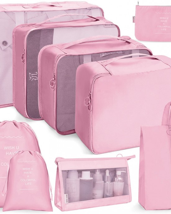 9 In 1 Cosmetic Bag Travel Storage Bag Set Folding Storage Bag  Pink